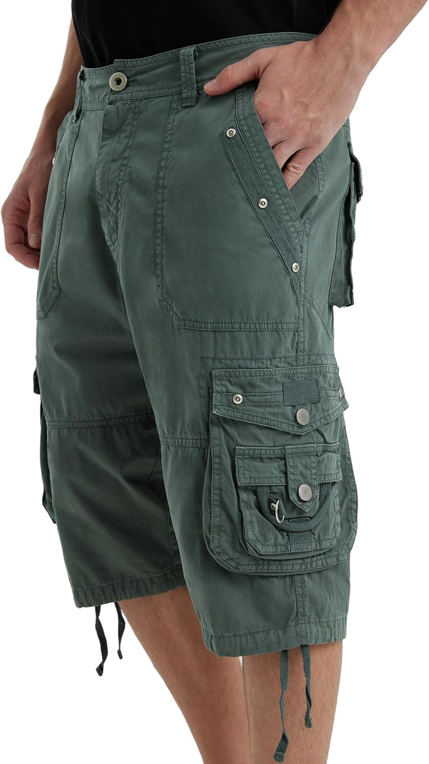 Men's Ripstop Cargo Shorts-Long Cotton Twill Straight Leg for Work Outdoor