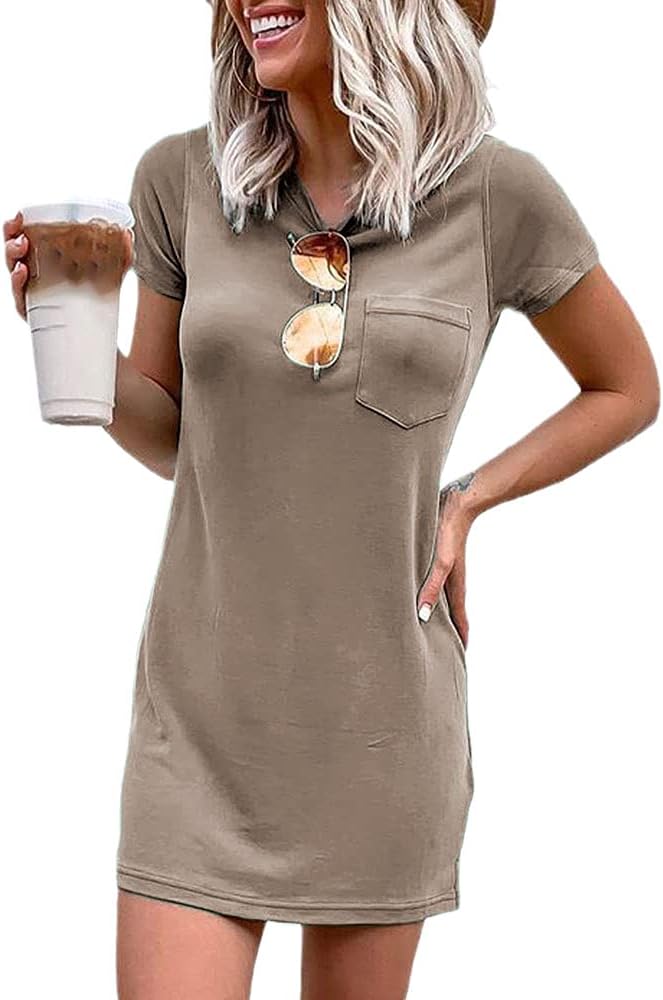 Women T Shirt Dress Summer Fashion Mini Dress Crew Neck Short Sleeve Dress Solid Color Casual Dress with Pocket