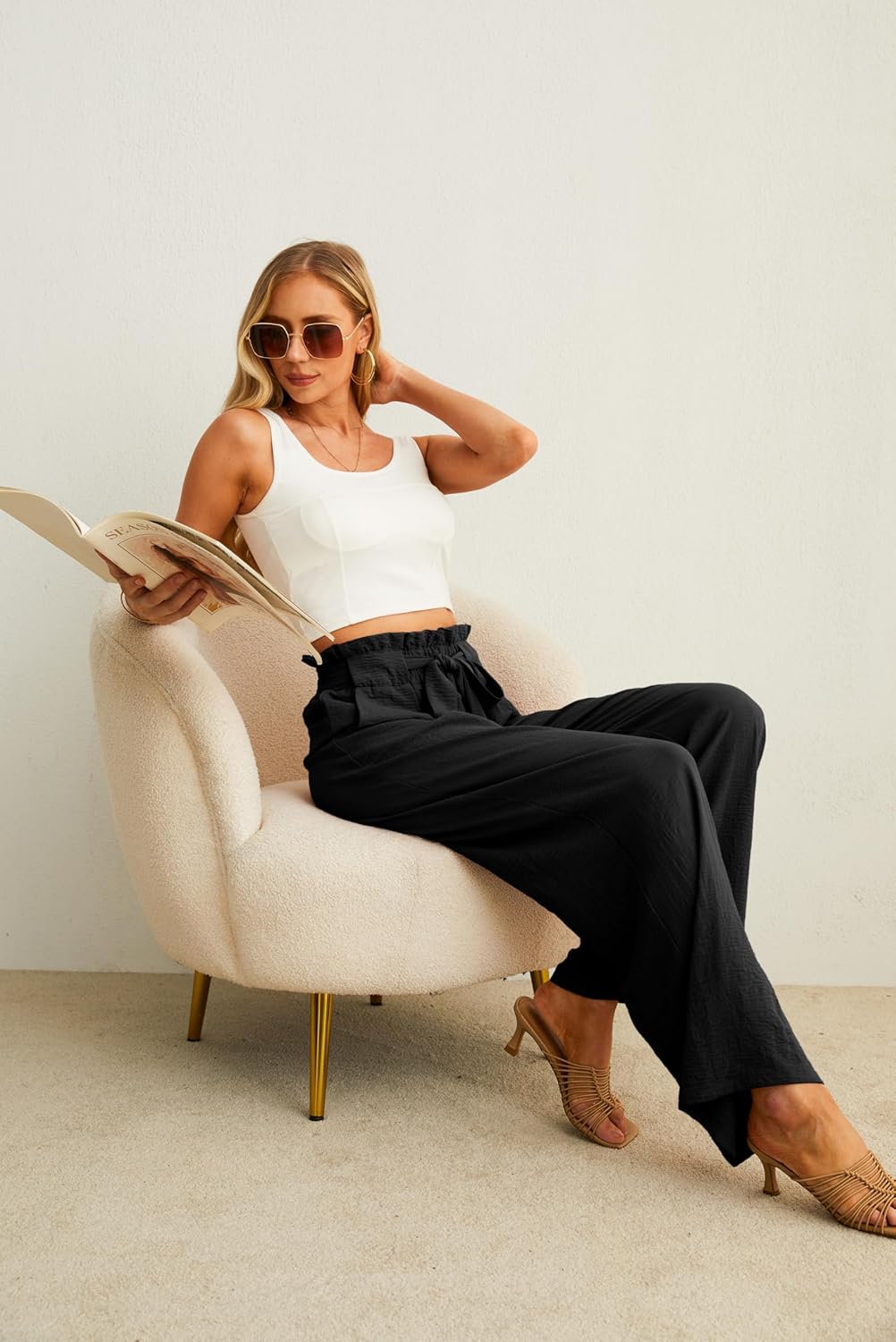 Women's Wide Leg Pants with Pockets High Waist Adjustable Knot Loose Casual Trousers Business Work Casual Pants