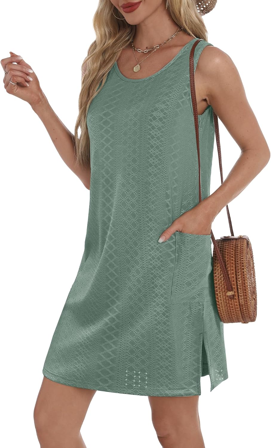 Summer Dresses for Women 2025 Eyelet Casual Loose Sleeveless Sundresses Tank Dresses with Pockets
