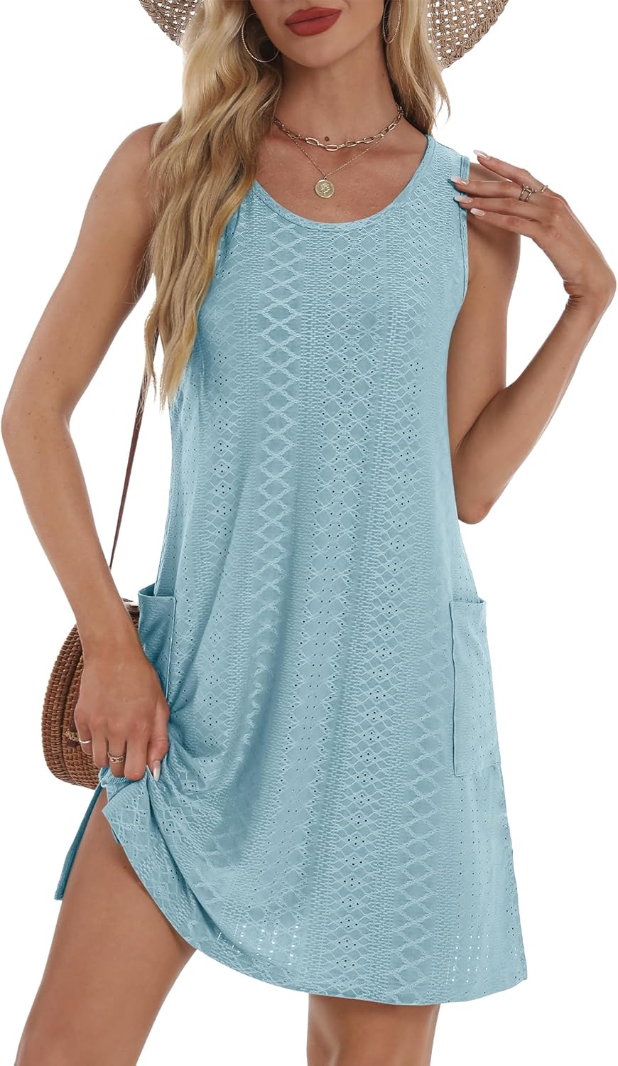 Summer Dresses for Women 2025 Eyelet Casual Loose Sleeveless Sundresses Tank Dresses with Pockets